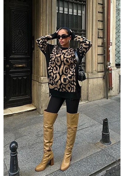 Leopar Desenli Yırtık Detaylı Kazak 1344 fiyatları