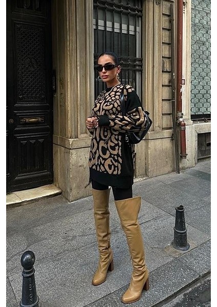 Leopar Desenli Yırtık Detaylı Kazak 1344 modelleri