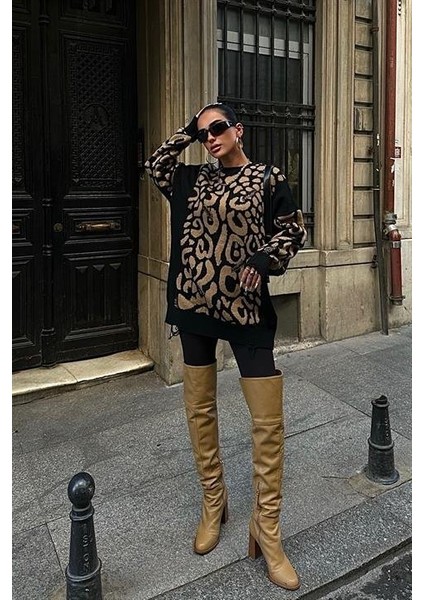 Leopar Desenli Yırtık Detaylı Kazak 1344 indirimleri