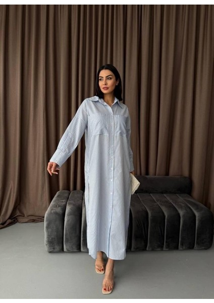 Çizgili Midi Gömlek Elbise
