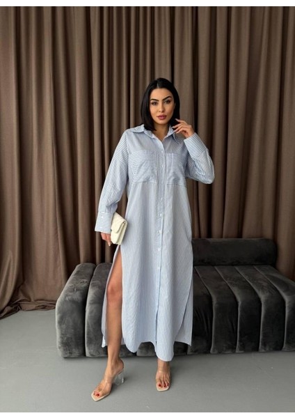 Çizgili Midi Gömlek Elbise modelleri
