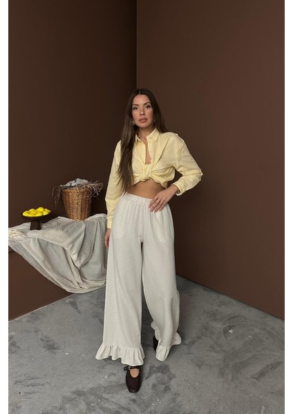 Bej Paçası Fırfırlı Keten Pantolon