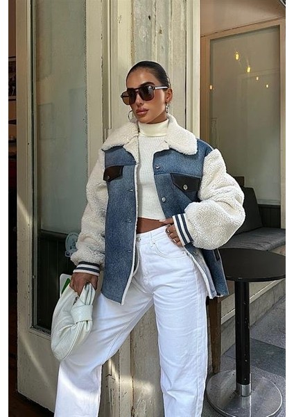 Içi Kürklü Deri Garnili Denim Görünümlü Ceket 6116