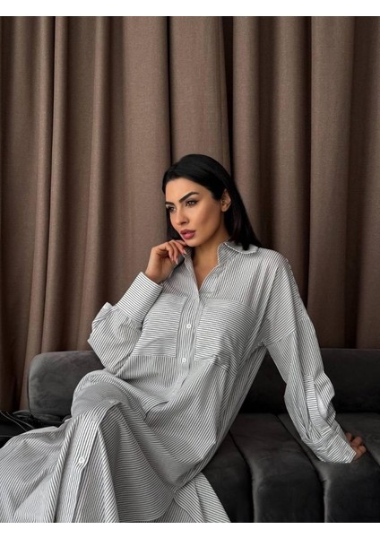 Çizgili Midi Gömlek Elbise