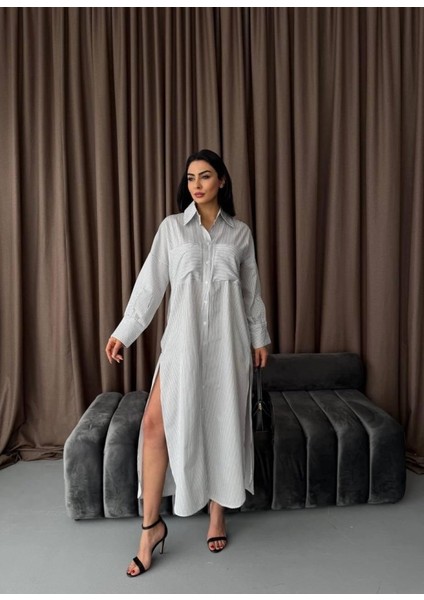 Çizgili Midi Gömlek Elbise modelleri