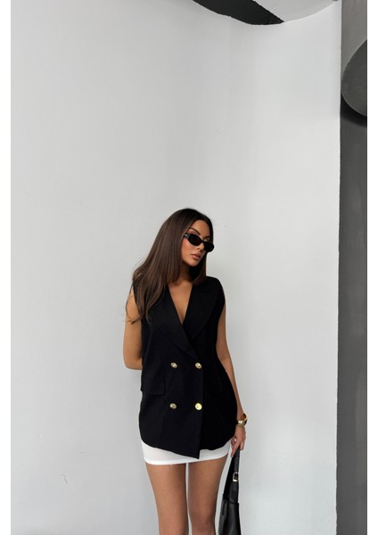 Gold Düğmeli Keten Yelek - Siyah fiyatları