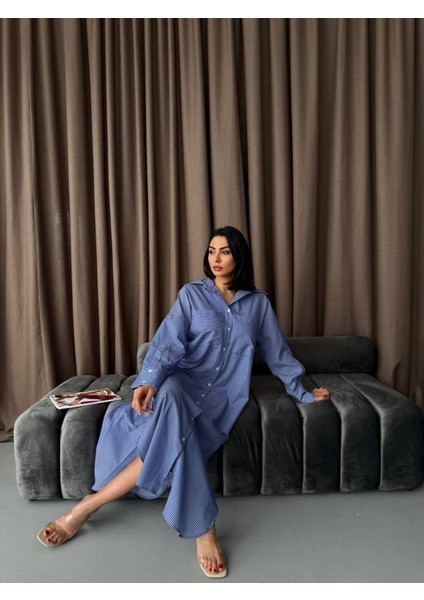 Çizgili Midi Gömlek Elbise