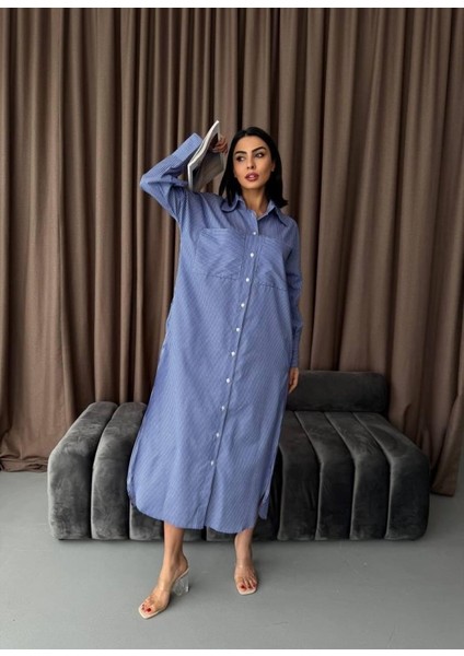 Çizgili Midi Gömlek Elbise modelleri