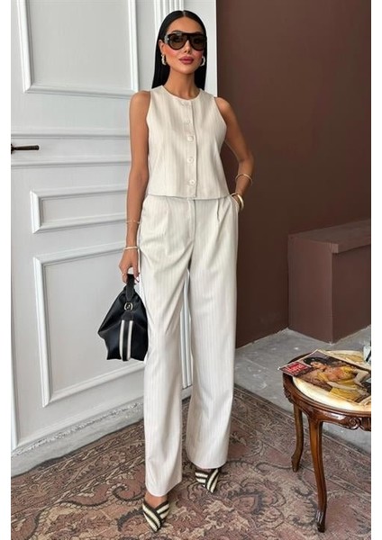 Yelek Plazzo Pantolon Çizgili Flamlı Poliviscon Takım 10178