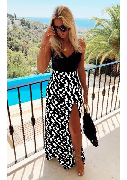 Kadın Askılı V Yaka Eteği Dijital Baskılı Dalmaçya Desen Yırtmaçlı Mikro Kumaş Elbise