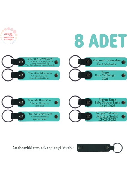 Karne Hediyesi Için Tüm Sınıfa Özel, 8' Li Set, Hediyelik Hatıra Anahtarlığı, Turkuaz & Siyah