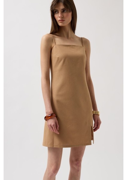 Ip Askılı Yırtmaç Detay Keten Mini Elbise