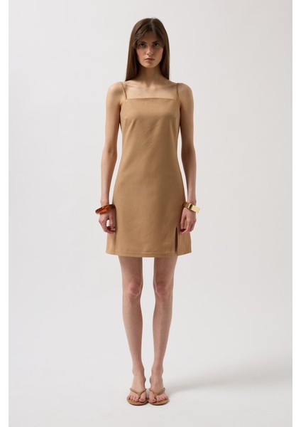 Ip Askılı Yırtmaç Detay Keten Mini Elbise fiyatları