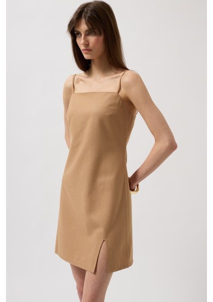 Ip Askılı Yırtmaç Detay Keten Mini Elbise modelleri