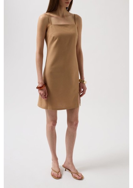 Ip Askılı Yırtmaç Detay Keten Mini Elbise fırsatları