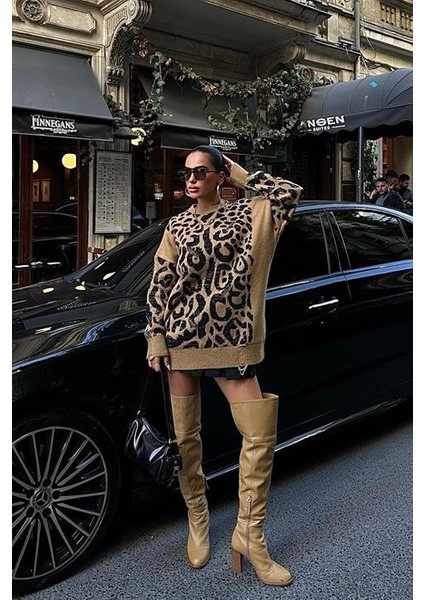 Leopar Desenli Yırtık Detaylı Kazak 1344