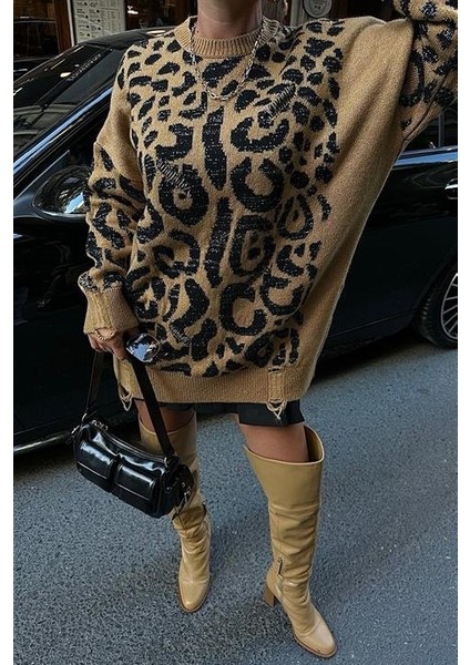 Leopar Desenli Yırtık Detaylı Kazak 1344