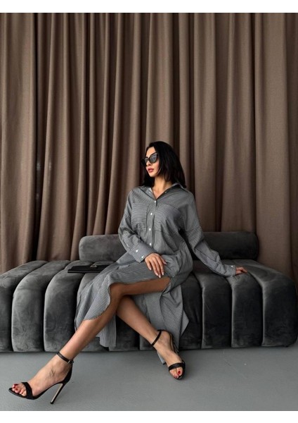 Çizgili Midi Gömlek Elbise