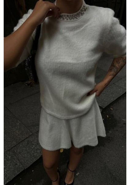 Yakası Taşlı Şardonlu Mini Etekli Takım 10002