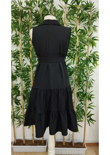 Kadın Kısa Kollu Gömlek Yaka Düğmeli Beli Kuşaklı Katlı Dokuma Midi Elbise