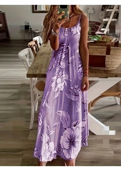 Kadın Askılı Yuvarlak Yaka Etek Geniş Kesim Desenli Süprem Elbise