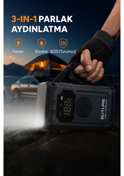 BETA06 4000A 23800mah Lastik Şişirme Kompresörlü Taşınabilir Akü Takviye Kiti (Çanta + Led Lamba + Powerbank)