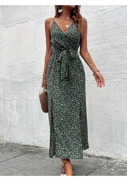 Kadın Ip Askılı Kruvaze Yakalı Yırtmaçlı Uzun Desenli Kuşaklı Süprem Elbise fırsatları