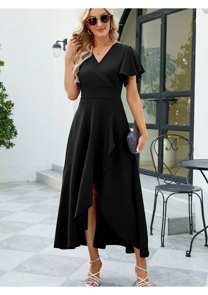 Kadın Kısa Kollu Kruvaze Yakalı Önden Volanlı Çapraz Kesim Detaylı Maksi Boy Ithal Krep Elbise fiyatları