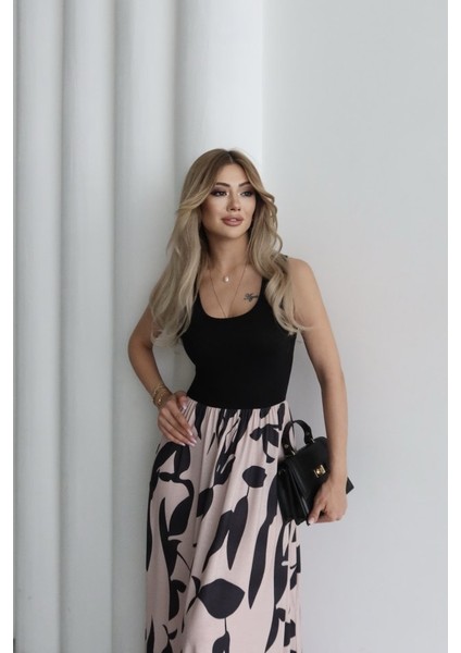 Kadın Askılı Yuvarlak Yaka Üst Viskon Alt Desenli Uzun Süprem Elbise