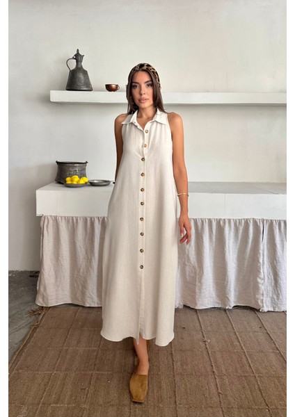 Keten Önden Düğmeli Kolsuz Gömlek Yaka Elbise - Beyaz