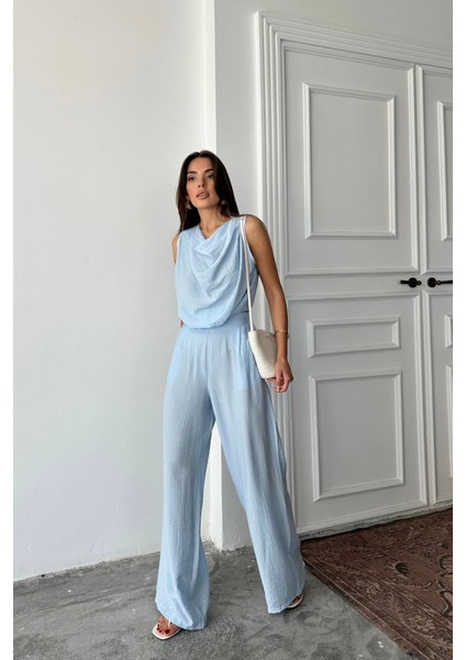 Degaje Yaka Kolsuz Bluz - Pantolon Takım - Mavi