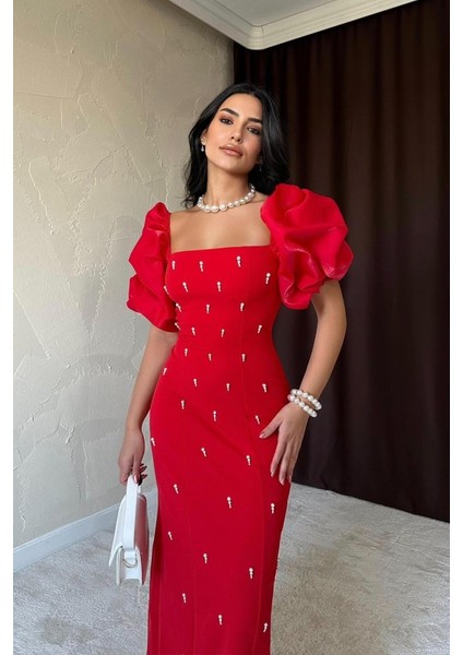 Kırmızı Işlemeli Kolu Garnili Elbise modelleri