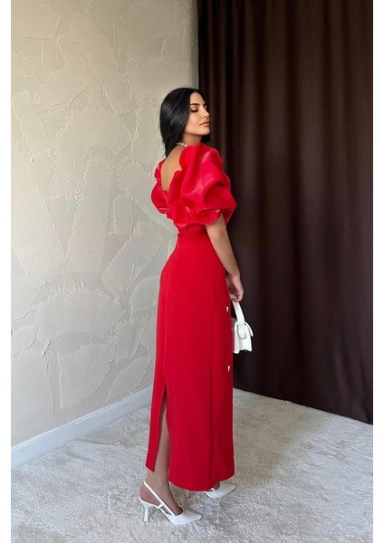 Kırmızı Işlemeli Kolu Garnili Elbise fırsatları