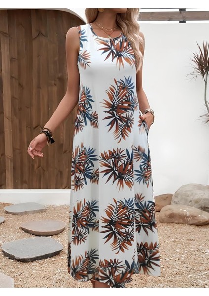 Kadın Askılı Yuvarlak Yaka Cepli Desenli Süprem Elbise modelleri