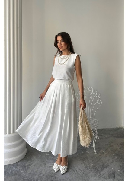Keten Kolsuz Bluz - Maxi Etek Takım - Beyaz modelleri
