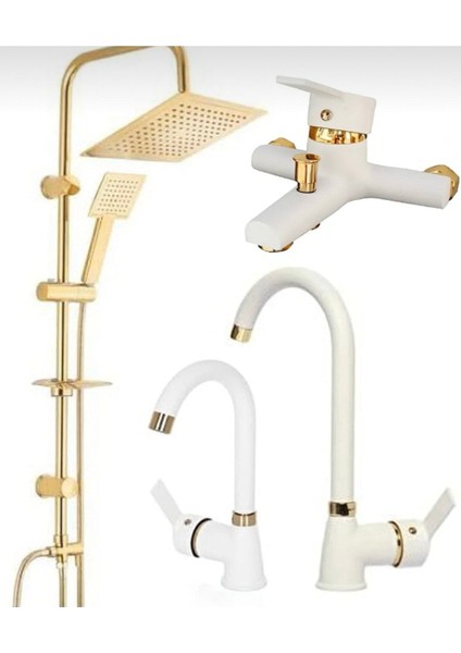 Gold Kare Robot Seti, Beyaz Gold Banyo, Lavabo, Mutfak Bataryası Çeşmesi 4’lü Set