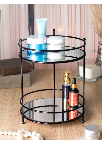 Iki Katlı Siyah Ayna ile Şık ve Pratik Makyaj Düzeni Organizeri