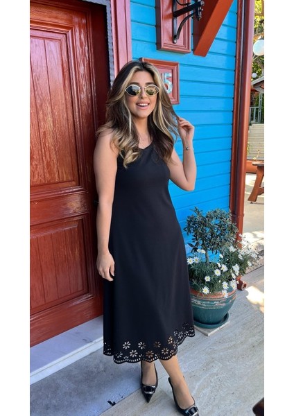 Kadın Kolsuz Etek Ucu Lazer Kesim Çiçek Desenli Midi Boy Janjan Krep Elbise