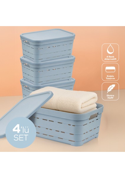 4'lü Kapaklı 10,8 Litre Delikli Saklama Kutusu Mavi