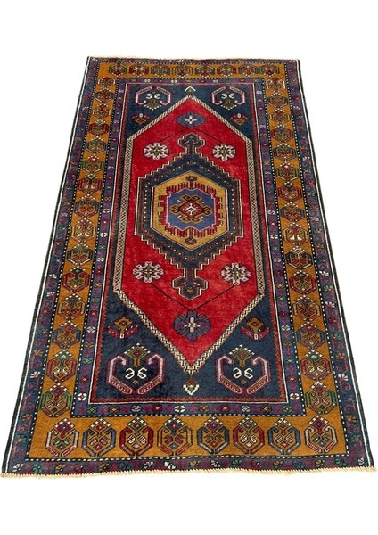 El Dokuma Eskitme Ince Yahyalı 101X175 Kırmızı Lacivert Yün Halı
