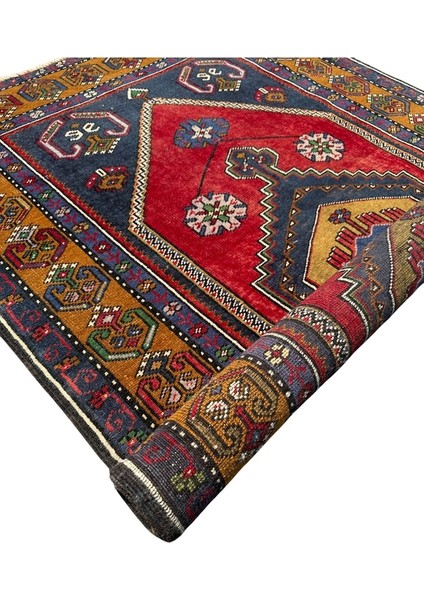El Dokuma Eskitme Ince Yahyalı 101X175 Kırmızı Lacivert Yün Halı indirimleri