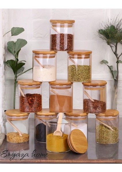 Bambu Silikonlu Vakumlu Kapaklı Borosilikat Cam Baharatlık - 250 ml Baharat Takımı 12 Li Set