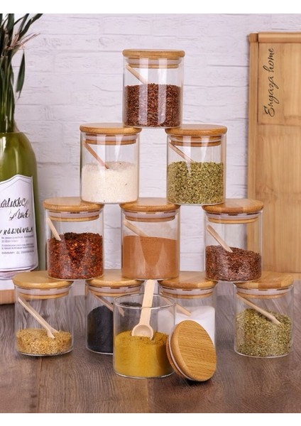 Bambu Silikonlu Vakumlu Kapaklı Borosilikat Cam Baharatlık - 250 ml Baharat Takımı 12 Li Set fiyatları