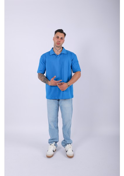 Unisex Polo Yaka Düz Mavi Oversize T-Shirt