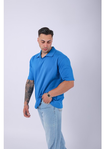 Unisex Polo Yaka Düz Mavi Oversize T-Shirt fiyatları