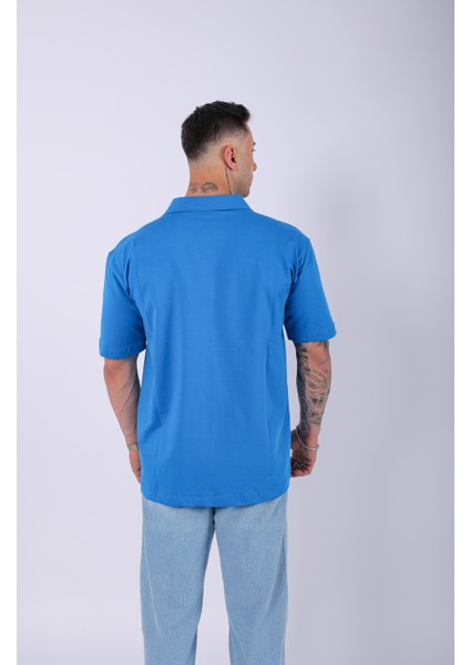 Unisex Polo Yaka Düz Mavi Oversize T-Shirt modelleri