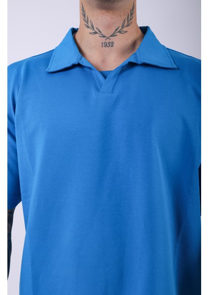 Unisex Polo Yaka Düz Mavi Oversize T-Shirt fırsatları