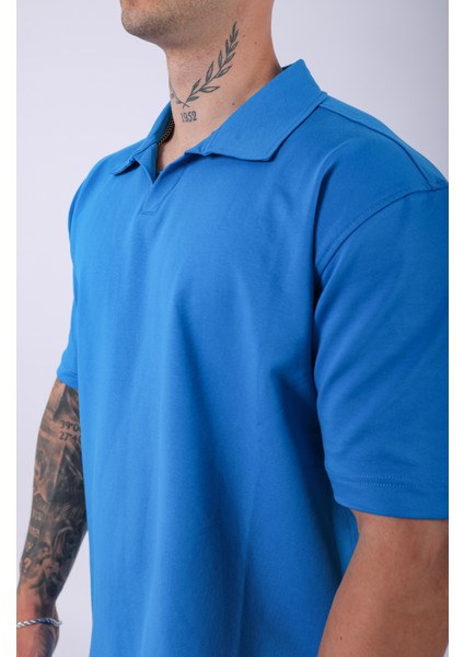 Unisex Polo Yaka Düz Mavi Oversize T-Shirt indirimleri