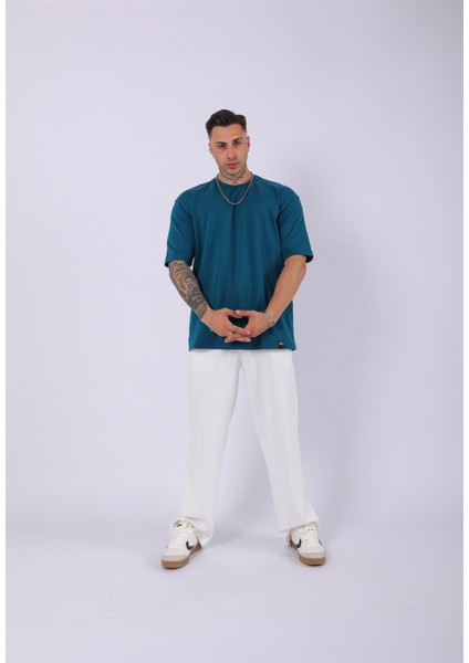 Unisex %100 Pamuk Oversize Düz T-Shirt Petrol