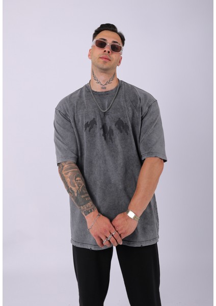 Unisex Nakışlı Baskılı Özel Yıkamalı Oversize T-Shirt